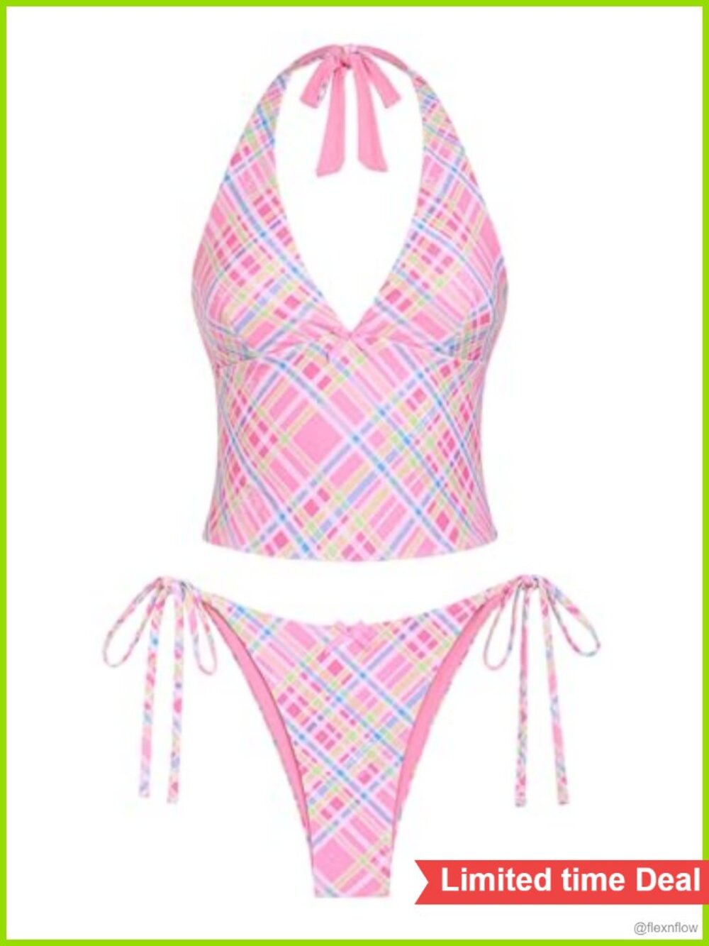 Eyelet Jacquard Bowknot Halter Tankini Set High Stretch Reversible Swimwear